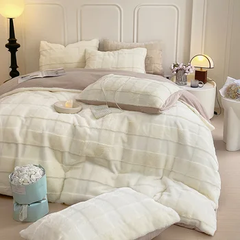 Зимна нова удебелена плюшен чаршаф със заек на четири части, дебели комплект спално бельо от вафельного млечен руно