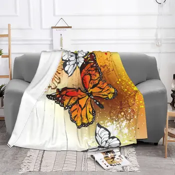 Лятно Одеало с оранжеви пеперуди, флисовое Красиво Зимно Елегантно дышащее лесно пледовое одеяло за дома, спални, плюш