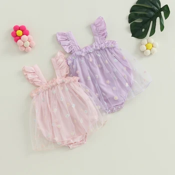 Pudcoco/Гащеризон без ръкави за новородени момичета, мрежест гащеризон с цветя в стил мозайка за деца, летни дрехи