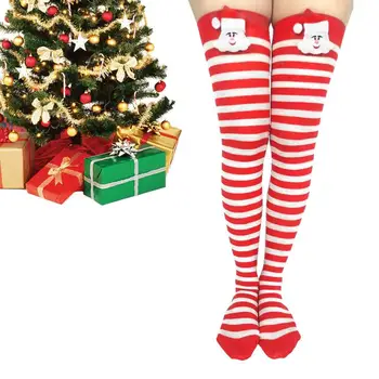 Модни Дамски Чорапи над коляното в ивица с принтом, памучни чорапи до бедрото, в ивица с шарени Чорапи за Коледа