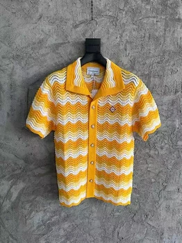 Y2k Жълти пуловери Casablanca за мъже с една вълнообразна модел, открит трикотажная тениска