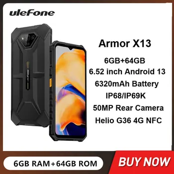 Ulefone Power Armor X13 Силни Смартфони, 6 + GB 64 GB 6,52 Инча 50 Mp 6320 ма Android 13 Мобилен Телефон Dual 4G VoLTE Мобилен телефон NFC