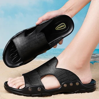 Сандали, меки и удобни улични плажни чехли, сандали без закопчалка, Класически мъжки сандали, Летни мъжки плажни сандали от естествена кожа