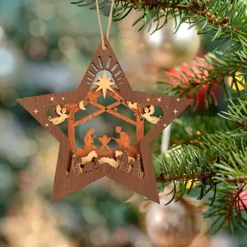 Дървена декорация за коледната елха, Религиозен Дизайн с петолъчна звезда, Окачване за Коледната елха, ремесленная Коледна сцена