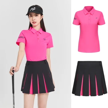 Лято и есен облекло за голф Розово-червен топ, риза с къс ръкав и Дишаща бързосъхнеща облегающая плиссированная пола в Пакет