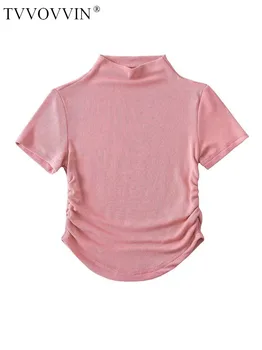 TVVOVVIN/Женска Тениска с къс ръкав под формата на Полувысокого яка, Лятна Тениска С пъпна връв Роса, Сексуална Пикантни Момиче, Оборудвана Къс Топ, Женски S27S