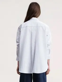 Дамска блуза С бродерия на лого, Раирана риза свободно намаляване с отложным яка и дълъг ръкав