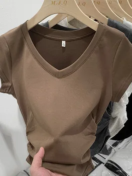 Новият Годишен топ, секси тениска, Дамска еластична тениска, Дамски дрехи в корейски стил, тънка риза, Дамски стегнати блузи с къс ръкав, тениска