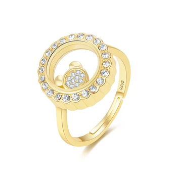 Регулируем пръстен RINNTIN EQR11 с подвижни чар под формата на мечка вътре от стъкло, сребро 925 проба, пръстени от злато 14 карата