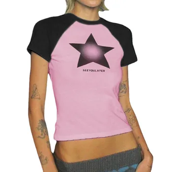 E-момиче Готически Върховете в стил Харадзюку, Гръндж, 2000-та, тениски с принтом Звезда в стил Ретро контрастен цвят, къс ръкав, приталенные детски Тениски, Градинска Облекло