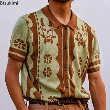 2023 Мъжки трикотажная риза с къси ръкави с етнически принтом, Ежедневни реколта градинска облекло, тениски копчета за мъже, Дишаща луксозно облекло за мъже