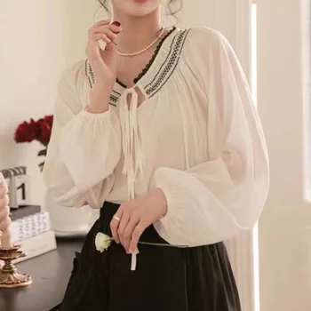 дамски реколта лейси блуза в корейски стил, с кръгло деколте, дълги ръкави и тънък фасоном