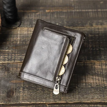 Мъжки портфейл от естествена Кожа, Малък Тънък RFID Мъжки портфейл Държач за карти Стари Мини-Портмоне Джоб, чанта за монети