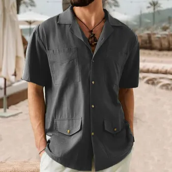 Мъжки Ежедневни риза с копчета С къс ръкав и два джоба, однотонная риза, Блузи, Мъжки Гащеризон