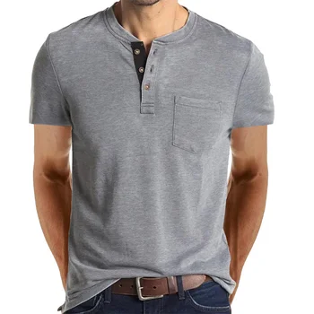 Однотонная базова тениска с къс ръкав За мъже, Ежедневни Свободна Однобортная тениска с джоб, Мъжки пуловер с яка Хенри, върхове, Градинска облекло