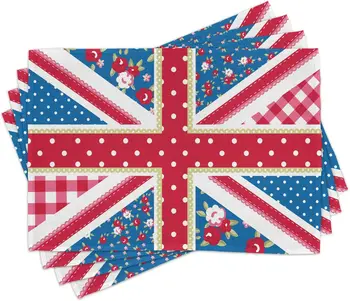 Комплект подложки за чаени сервизов от 4 Британски знамена в цветарски Ретро стил на точки, Култура на страната, Миещи тъкани кърпи за маса
