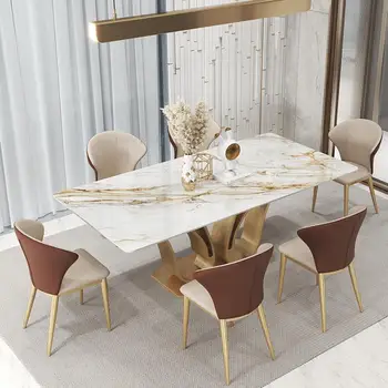 Луксозна трапезария на Вила във формата На Лебед, Правоъгълен Островен плот 1.8 m и 6 Стола, Комплект Златни мебели от мрамор Креативен дизайн
