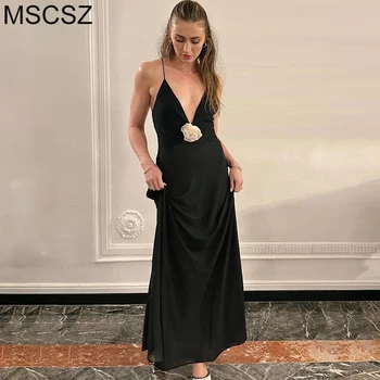 Дълга рокля с дълбоко V-образно деколте и цветя аппликацией, рокля за официални случаи с отворена на гърба се кръстосват, Секси рокля Макси-комбинация, Черен, бял цвят