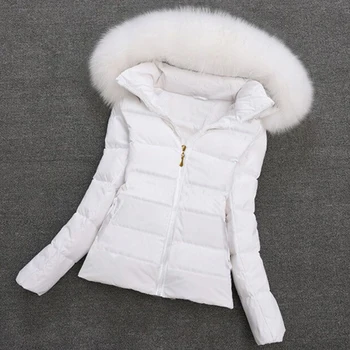 Модерна Европейска Бяло дамско зимно яке с голям кожа качулка, паркове на дебелите топола, Дамско яке, Топло зимно палто за жени, Новост 2023 година