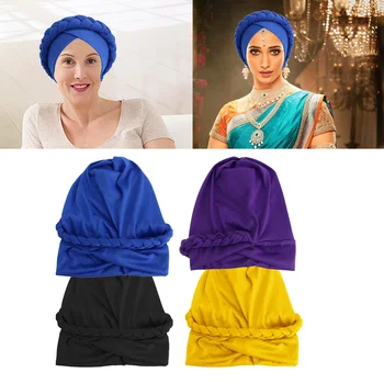 Нова Популярната Женска шапка-Тюрбан в етнически стил, Индийска Женска шапка, Синя, Жълта, Лилава, с черна Коса, Мюсюлманска шапка за сън с еластичност