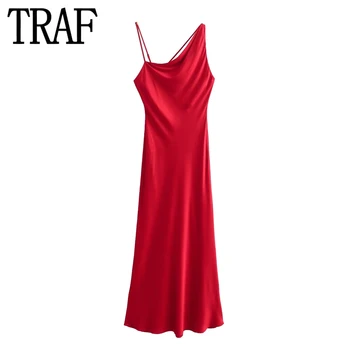 Червено атласное рокля, Женствена Асиметрична Дълга рокля без ръкави, Дамски Летни Секси Вечерна рокля с отворен гръб, Елегантни Вечерни рокли