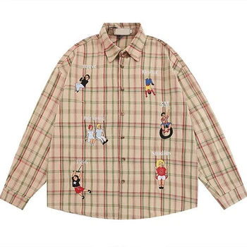 Ризи в клетката с герои от анимационни филми в Американски стил хип-хоп, Елегантна бродерия, Красиви Блузи с отложным яка, Реколта градинска облекло, риза с копчета, базова