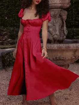 Елегантна рокля midi Mozision с пищни ръкави, Женски Свободни рокли трапецовидна форма, с квадратна отворена яка и гръб, Секси дълга рокля в стила на френски ретро