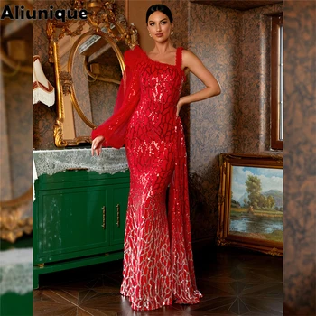 Aliunique Червена Сватбена рокля, за Партита, Женствена Рокля 2023, Мрежест ръкав-лампа с едно рамо, Драпированное Пайети, Вечерна рокля за Бала, Дълга Рокля