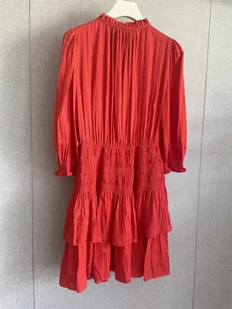 Жена червен халат, Плиссированный яка с къдри от дантела, Дълги Буйни ръкав, Ламинирано Елегантна мини рокля за торта