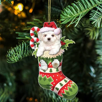 Мультяшные Коледни Чорапи за Кучета, Окачване С Шапка, Весела Коледна Украса за Дома, Акрилна Куче, Коледна Украса на коледната Елха, Подаръци за Нова Година