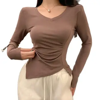 Пролет-есен трикотажная тениска за момиченца с дълъг ръкав и кръгло деколте, корейски модни дамски ризи от памук и ликра