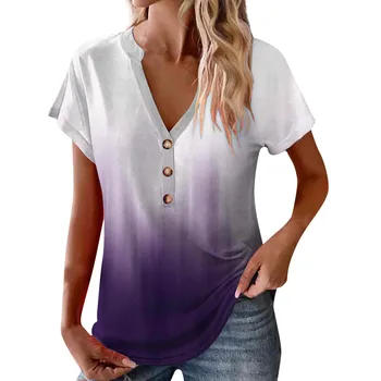 Женска тениска с V-образно деколте и копчета, къс ръкав, реколта тениска с принтом, блузи, ежедневни блузи, Свободна тениска, пуловер, Свободни топове с принтом