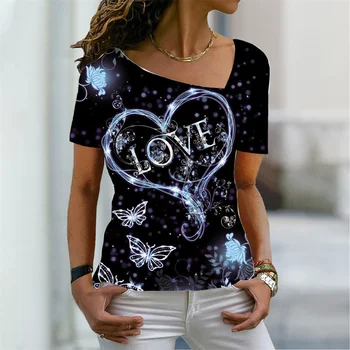 Нови Тениски с 3D Принтом Love Heart Flower, Дамска мода Y2k, Негабаритная Тениска с къс ръкав и наклонена яка, Дамски Тениски, Потници, Облекло