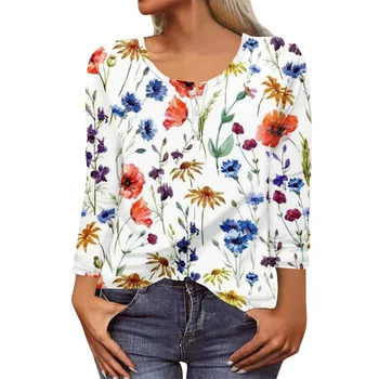 Дамски Однобортная риза с къси ръкави и джобове с флорални принтом в Ретро стил, Топ, Дамски Модни Блуза 2023 Тениска За жени