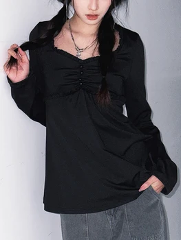 Жена съкратен топ с дълги ръкави и графичен принтом Y2K Harajuku, Эстетичная Приталенная риза в стил Фея Гръндж, Градинска облекло