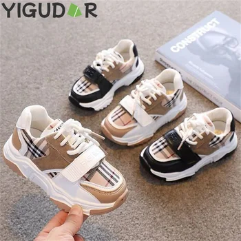 2023 Пролетно ежедневни обувки за деца с клетчатым модел, кожени маратонки на ниски дишаща платформа за момичета и момчета, детски обувки