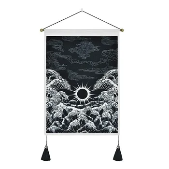 Японски Планински Слънчев Гоблен Бял Черен Океан Художествена Картина Подвесная Плат Спалня Хол Емоционален Фон Декор