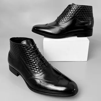 Новост 2023, Есенно-зимни оригинални мъжки бизнес обувки-броги от естествена кожа, Класически мъжки официални кожени ботуши, Черен Размер 38-46