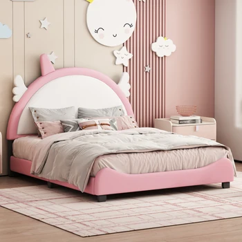 Легло с розова тапицерия, под формата на Еднорог, в пълен размер Легло-платформа с таблата и Изножьем, Бял + розов