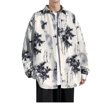 M-5XL Плюс размери, мъжки Ризи, Ежедневни Градинска облекло, Блузи с дълги ръкави с бамбуковым модел, Мъжки дрехи, риза и жилетка XXXXXL