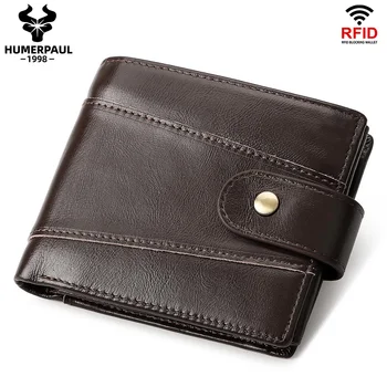 Мъжки ретро портфейл от естествена кожа с RFID защита, с джоб за монети, Кожена Клатч на Първия слой, Трехслойные държачи за карти, чанта
