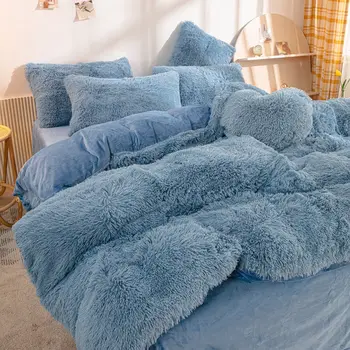 Зимата на Топло комплект спално бельо е Меко плюшено кадифе комплект кралския пододеяльника с чаршафи и калъфка син цвят