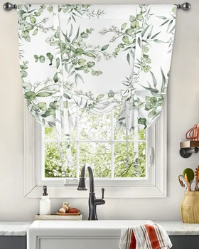 Акварел завеса от листа на растения за всекидневна, кухня, Къси завеси на експозиции, Регулируеми щори с джобове