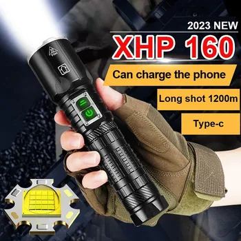 Мощен led фенерче XHP160 Type-c, акумулаторна лампа, супер ярки светлини, уличен водоустойчив мощен тактически фенер