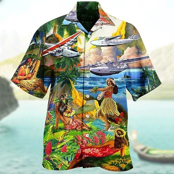 Летни ризи, Хавайски мъжки ризи, Реколта мъжки дрехи оверсайз в стил Харадзюку, Плажни върхове с принтом за абитуриентски бал, Мода Унисекс с къс ръкав