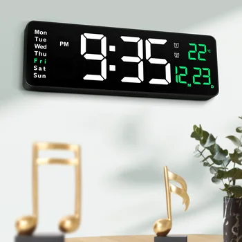 Часовници Цифрови led Стенни Календари, Часовници Голям и модерен дисплей с Дата, Външна Температура, Аларма Дистанционно Управление 3D щипка за спални 16 инча