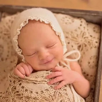 Реквизит за снимки на новородени Шапчица от мека еластична плетиво плат за фотосесия на новородено