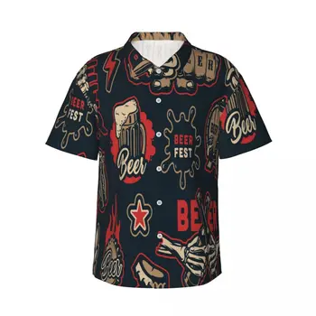 Мъжка риза Реколта Бирена елементи, риза с къс ръкав, Лятна риза, с мъжка риза с отложным яка и копчета, мъжки дрехи