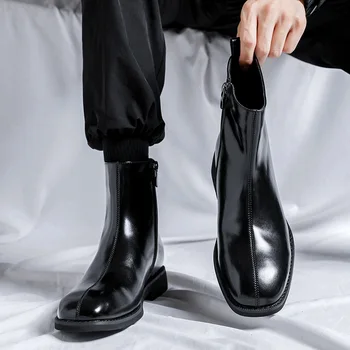 Модни Черни мъжки обувки в Британския Стил, Есен-зима, Кожена ръчно изработени обувки с цип, Бизнес и Сватбени обувки 