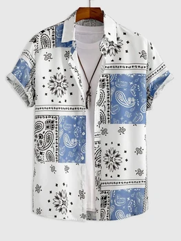 Мъжка риза с принтом Пейсли, без тениски, мъжки летни етнически ризи с копчета и къс ръкав, модни хавайска тениска